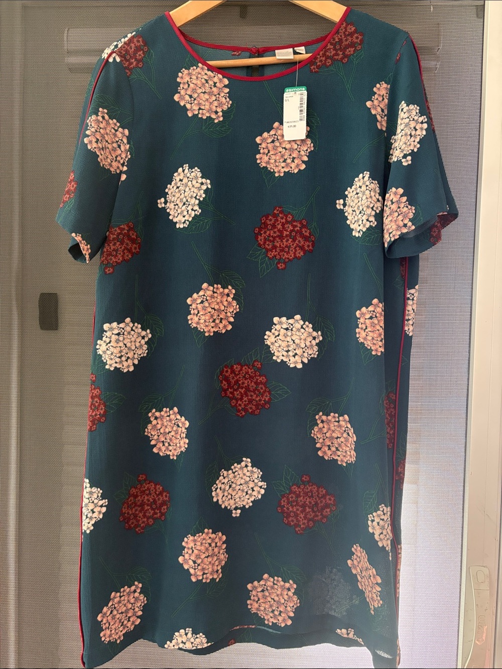 Teal Floral Dress with Red Trim - NEW